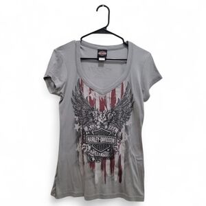 Harley‑Davidson Gray V‑Neck Tee with Red & Black Graphic Size Large